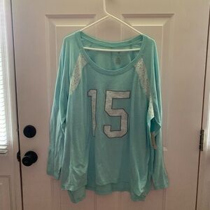 Livi Aqua Long Sleeve Top with lace detail. Size 22/24